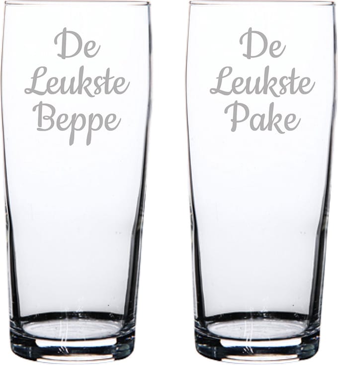 Gegraveerde bierfluitje 19cl De Leukste Pake- De Leukste Beppe