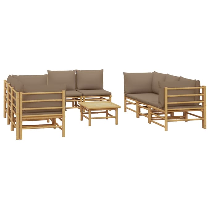 vidaXL - 9-delige - Loungeset - met - kussens - bamboe - taupe