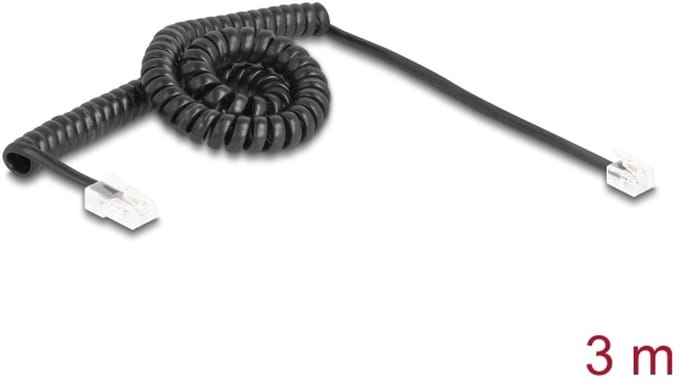 Delock Telephone Cable / Coiled Cable RJ11 plug to RJ45 plug black 3 m