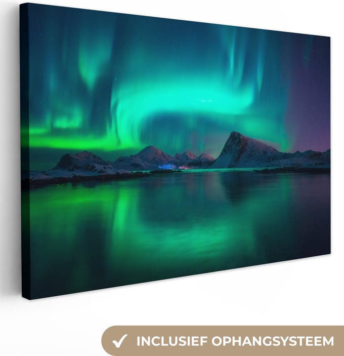 Canvas Schilderij Noorderlicht - Berg - Noorwegen - 30x20 cm - Wanddecoratie
