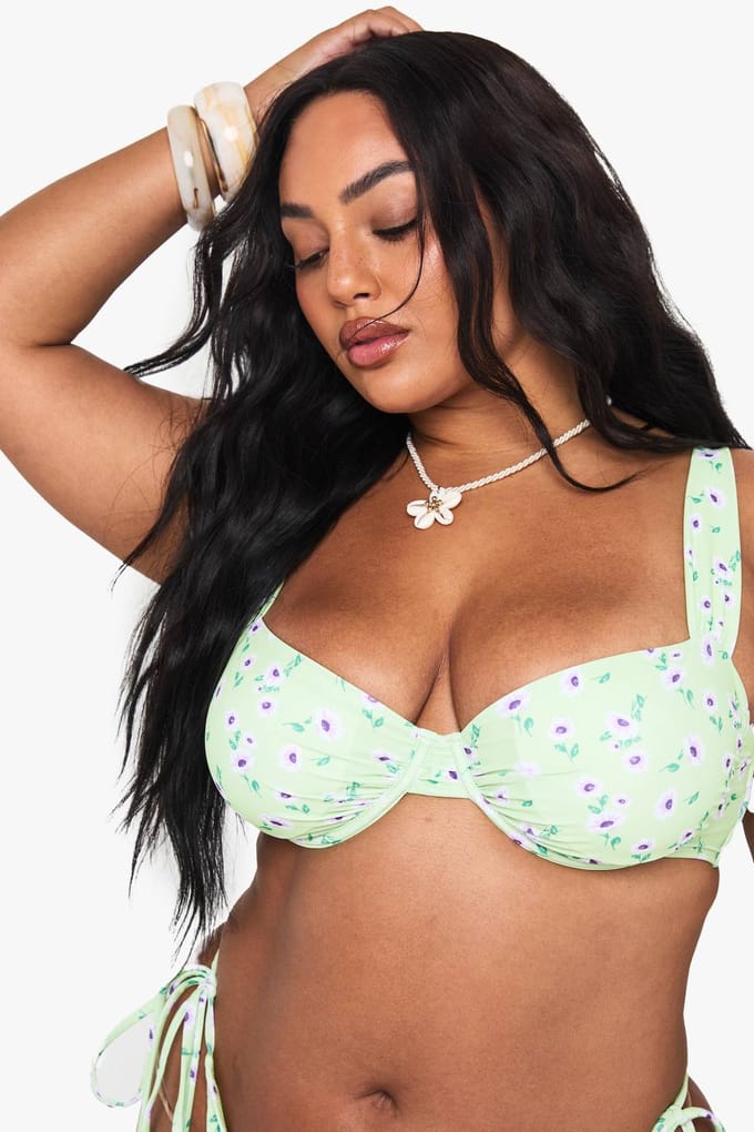 boohoo Dames Plus Floral Onderbeugelde Balkon Bikini Top | Geel | Maat: 54