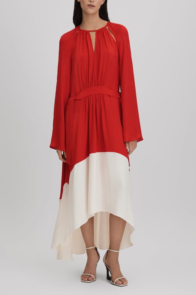 Reiss Colour Block Midi Dress Red/cream Maat: 8 | Midi Jurken Outlet | Dames | Creme