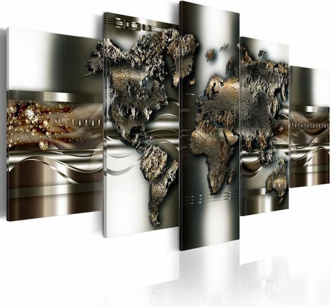 Schilderij - metalen wereld, wereldkaart , metaal look , 5 luik