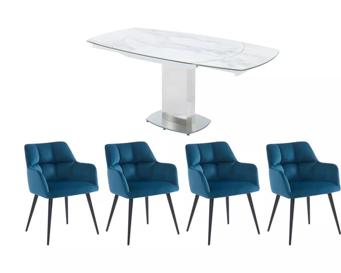 Vente-unique Eetkamerset: Tafel TALICIA + 4 stoelen PEGA - Wit & blauw