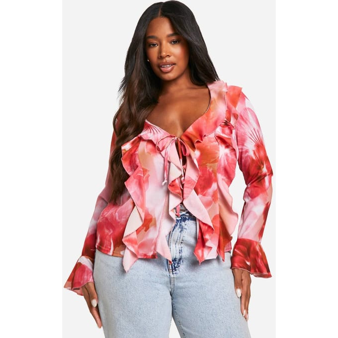 boohoo Dames Plus Floral Ruffle Front Blouse | Roze | Maat: 44