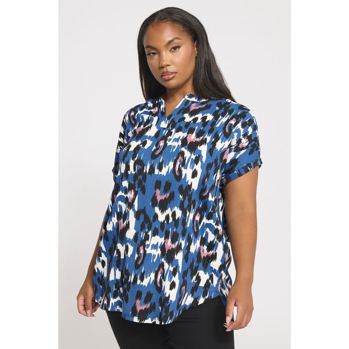 Yours Blauwe Abstracte Luipaard Top Met Notch Neck Size 50-52