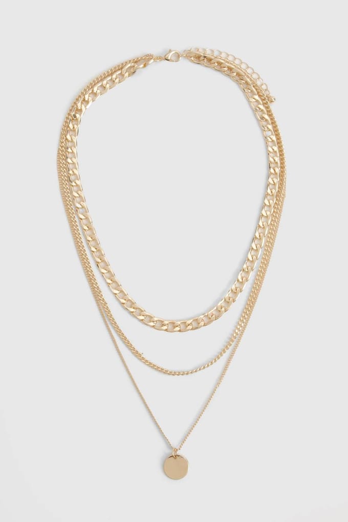 boohoo Dames Polished Disc Drop Charm Multilayer Necklace | Gold