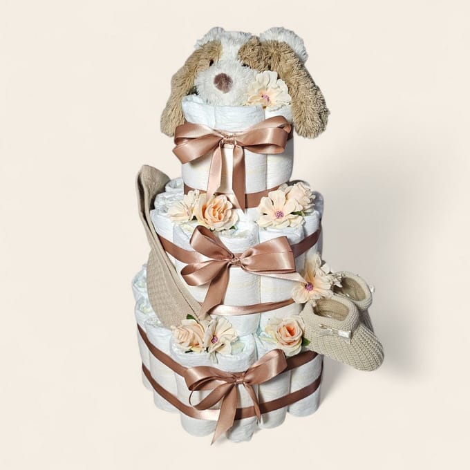 Luiertaart Bruin 3-laags – Groot Kraamcadeau met Dog David van Happy Horse