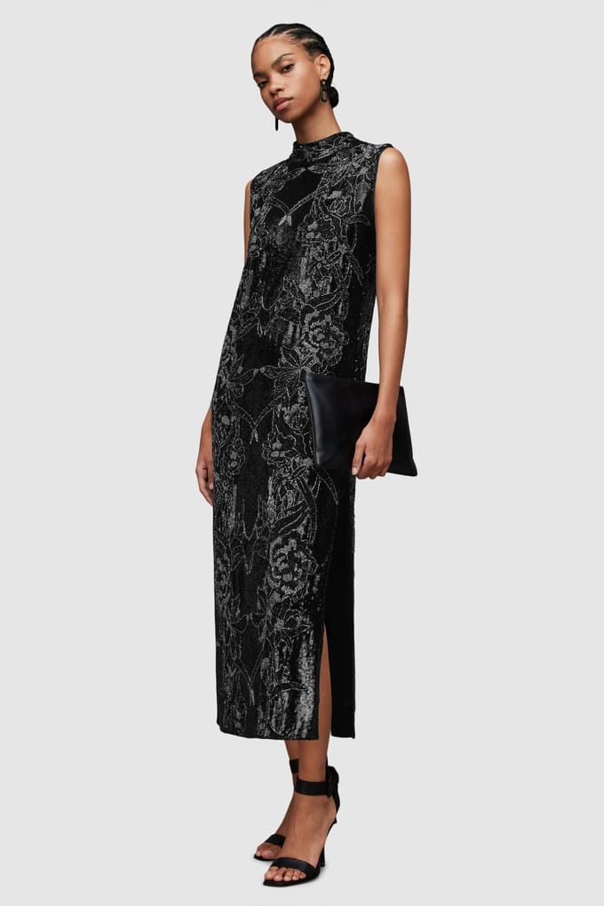 AllSaints Harper Emb Maxi Dres Black Größe: 4 | Maxikleider Outlet | Damen | Schwarz
