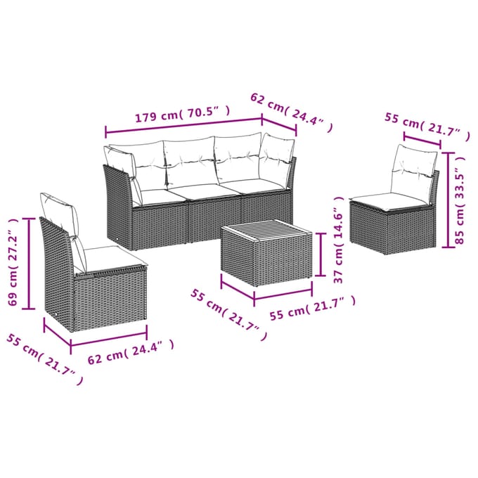 vidaXL - 6-delige - Loungeset - met - kussens - poly - rattan - beige