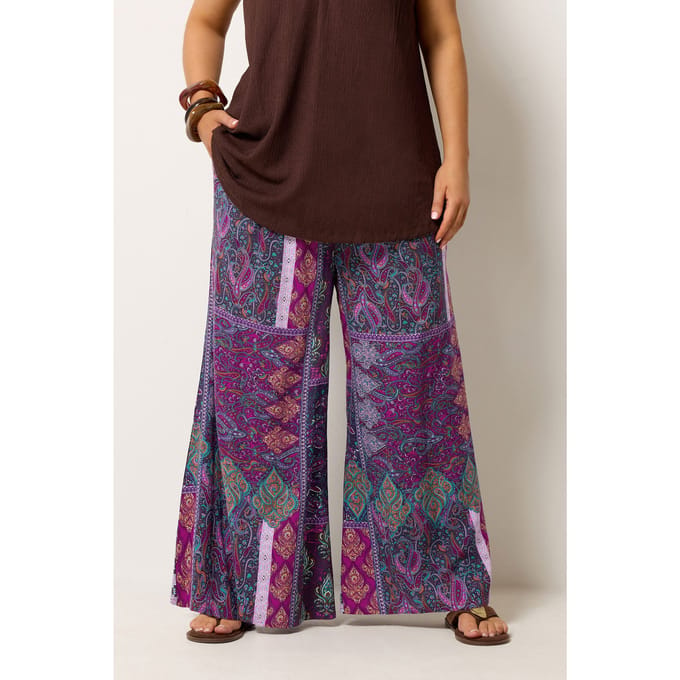 Yours Paarse Paisley Broek Met Gesmokte Taille Size Regular > 42