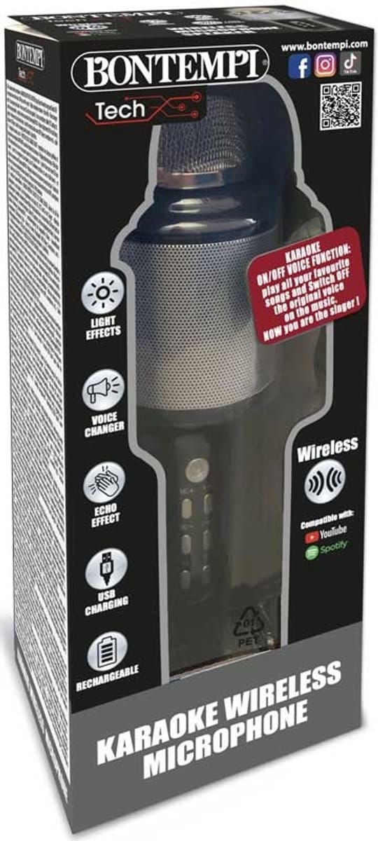 Bontempi karaoke draadloze microfoon met lichteffecten en speaker.