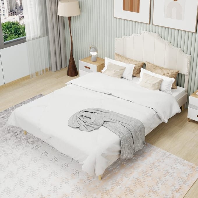 MODFU - Bedframe 160x200 cm – Gestoffeerd met geometrisch design – Beige