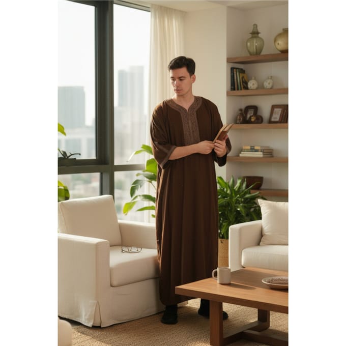 Mens bruin Ramadan Marokkaanse Thobe gewaad Djellaba Gandoura Eid Jubba LFS-HM67
