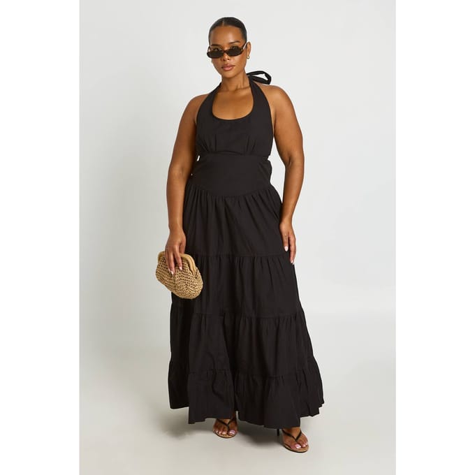 boohoo Dames Plus Halternek Popeline Maxi Jurk | Zwart | Maat: 48