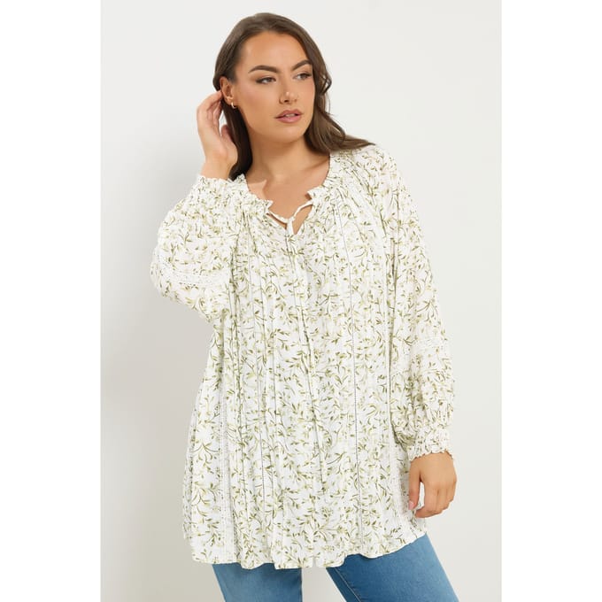Yours Ivoorwitte Top Met Bladprint En Strik Aan De Hals Size 46