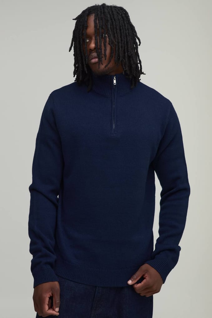 Lange Regular Fit 1/4 Rits Gebreide Trui | Navy | Size Large