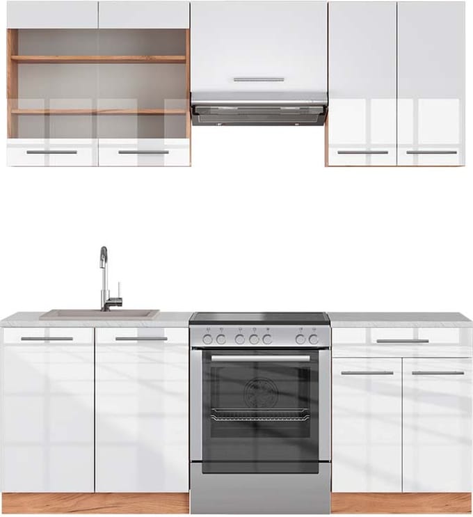 Vicco Fame-Line Complete keukeneenheid – 200 cm, WB Marmer Wit hoogglans/goud power eiken
