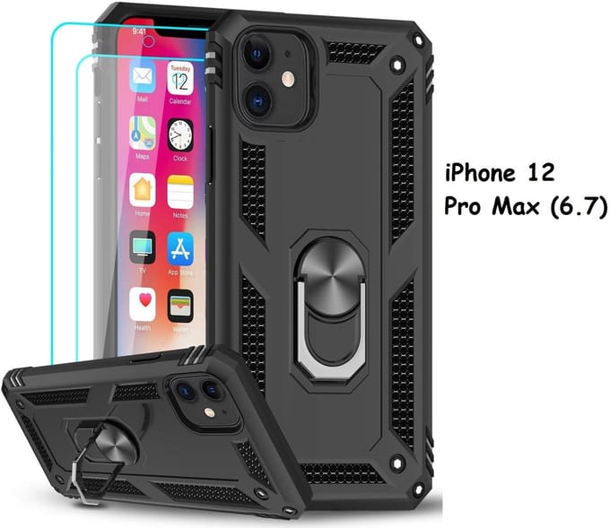 Hoesje Geschikt voor iPhone 12 Pro Max hoesje - Hardcase - Tough armor ring Zwart + 2 stuks screenprotector