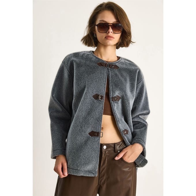 Textuur Gabardine Lange Jas met Kraagknopen