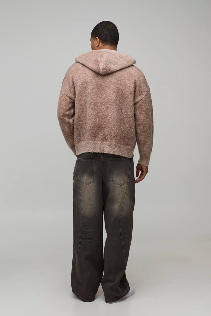 Heren Relaxed Boxy Ombré Bouclé Gebreide Hoodie | Brown | Size Medium