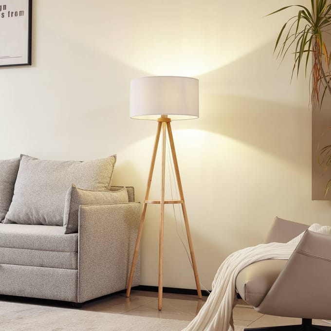 Lindby - vloerlamp - 1licht - Stof, rubberboom - H: 147 cm - E27 - wit, licht hout
