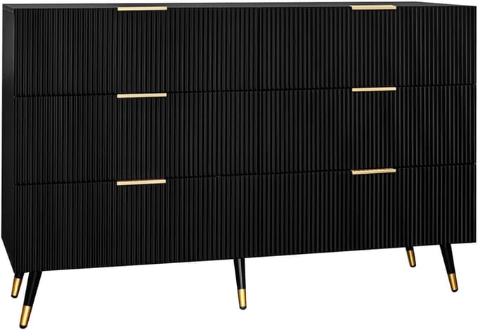 Ladekast – Dressoir Spaanplaat met 6 Geribbelde Laden en Goud - Zwart