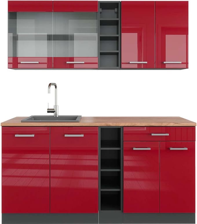 Vicco R-Line Eenpersoonskeuken – 160 cm, WB Eik Rood hoogglans/antraciet