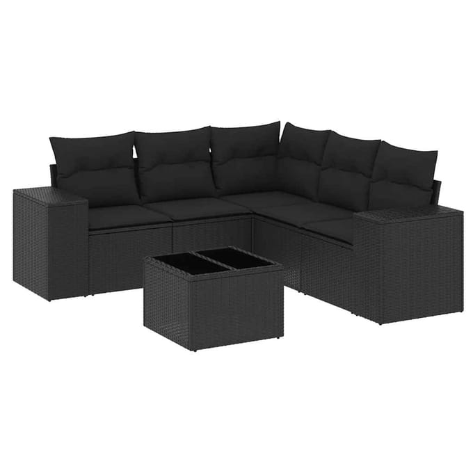 vidaXL - 6-delige - Loungeset - met - kussens - poly - rattan - zwart