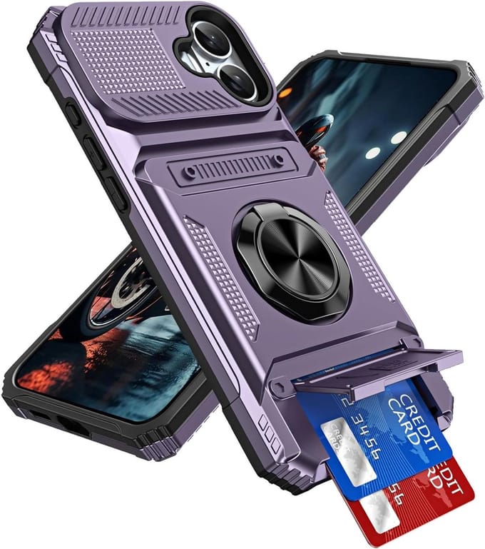 Case voor iPhone 17 met Kaartsleuf en Ringstand - Schokbestendige Rugged Hard Shell in Paars voor Optimale Bescherming