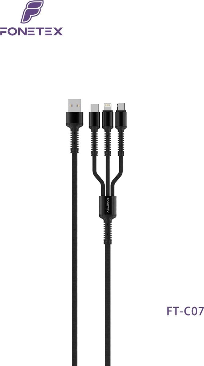 FoneTex 1.2m 3 In 1 Kabel - 8Pin/USB-C/Micro - 3.4A Output - Gewoven