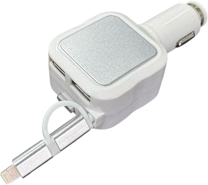 Intrekbare micro-USB- auto lader - dubbele USB-poorten - auto oplader met Geschikt voor Microusb & Lightning kabel - zilver