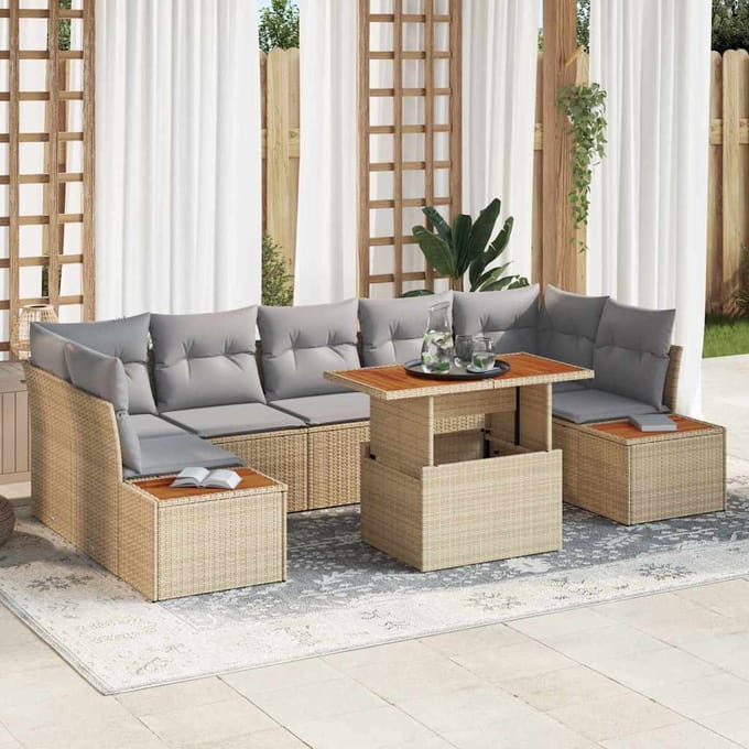 vidaXL Tuin Eettafel Set met kussen 8 pcs Beige en Grijs