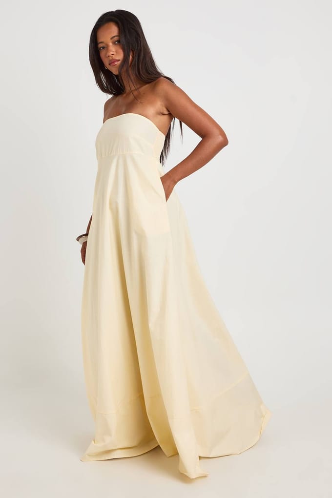 boohoo Dames Katoenen Poplin Gesmokte Maxi Jurk Met Elastische Rug | Citroen | Maat: 36