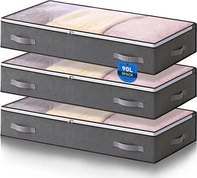 Ruimtebesparende Opbergdozen voor Onderbed - 90L, Inklapbaar met Kijkvenster - Set van 3