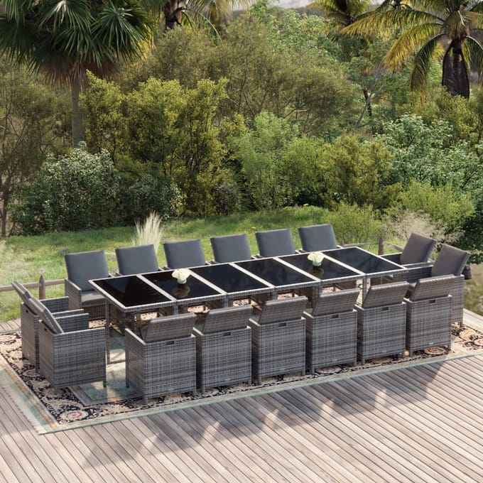 vidaXL - 17-delige - Tuinset - met - kussens - poly - rattan - grijs