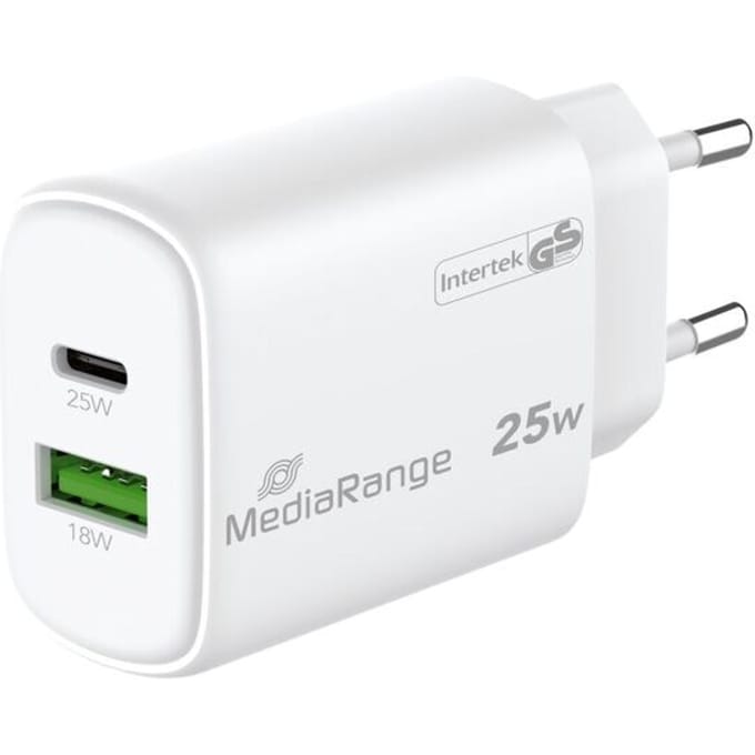 MediaRange snellaadadadapter 25 W, Eurostekker, USB-A/USB-C, wit