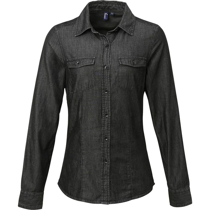 Premier Dames/dames Jeanssteek Denimshirt met lange mouwen (Zwarte denim)