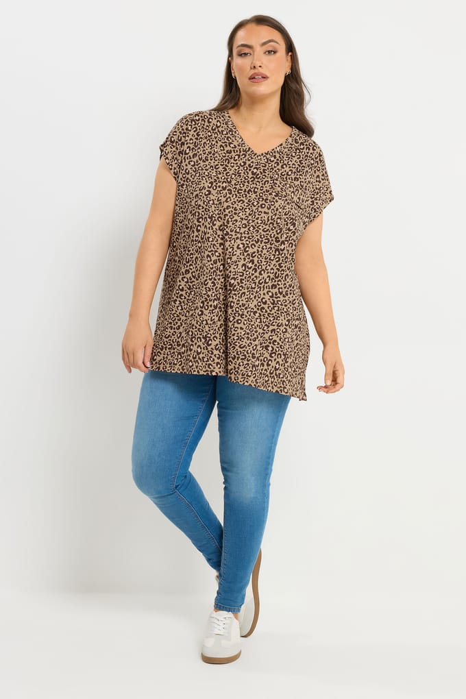 Yours Bruin Tshirt Met Luipaardprint En Borstzak Size 42