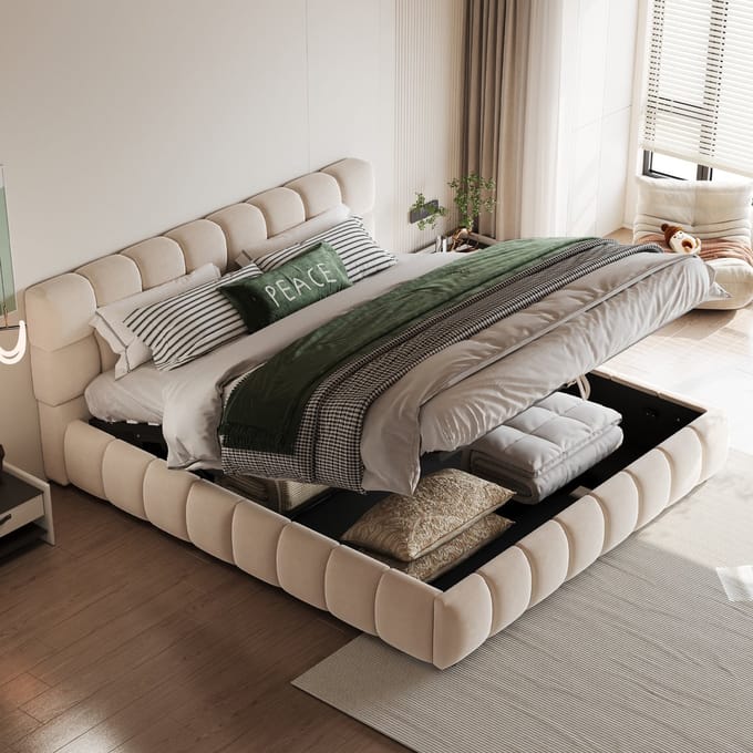MODENUIT Gestoffeerd bed 140x190 cm – Hydraulische opbergruimte – Ingelegde matras – Zonder matras – Fluweel – Beige