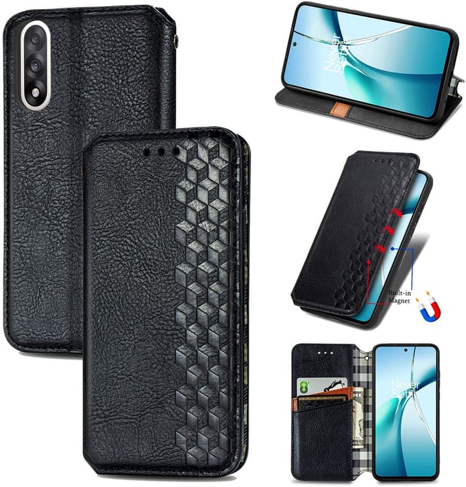 Luxe PU Lederen Ruitpatroon Wallet Case voor OnePlus Nord 5 _ Zwart