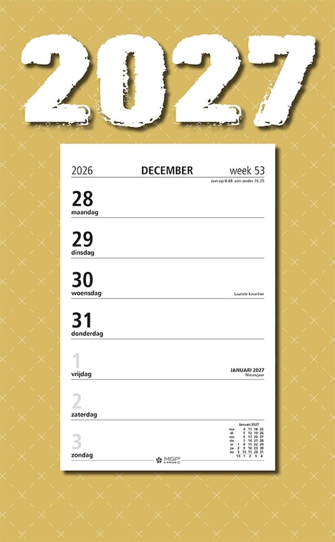 MGPcards - Week Scheurkalender 2027 - Week begint op maandag - 21 x 34 cm - Oker