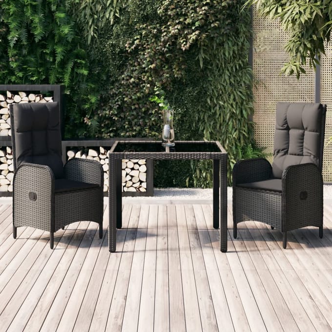 vidaXL - 3-delige - Tuinset - met - kussens - poly - rattan - zwart