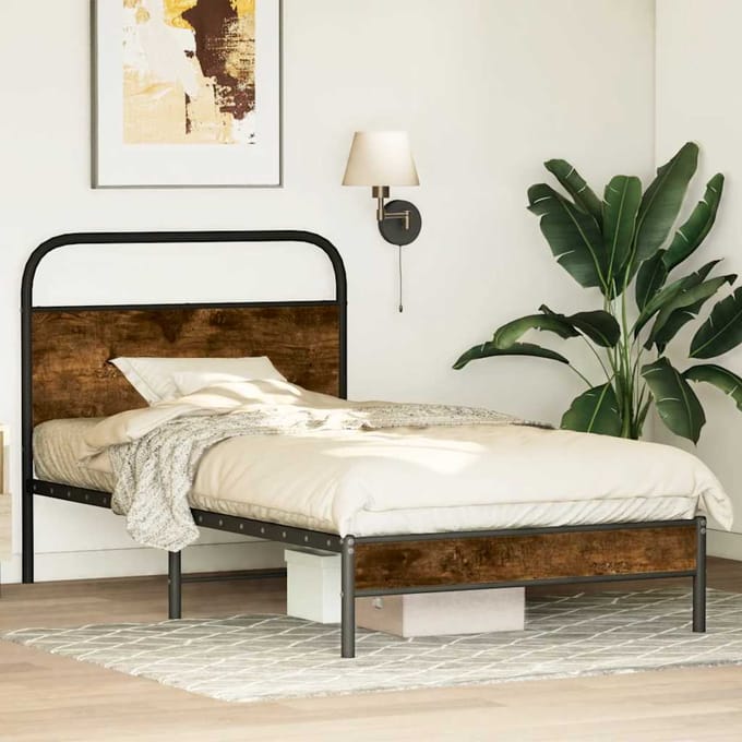 vidaXL - Bedframe - zonder - matras - bewerkt - hout - gerookt - eiken - 90x200 - cm