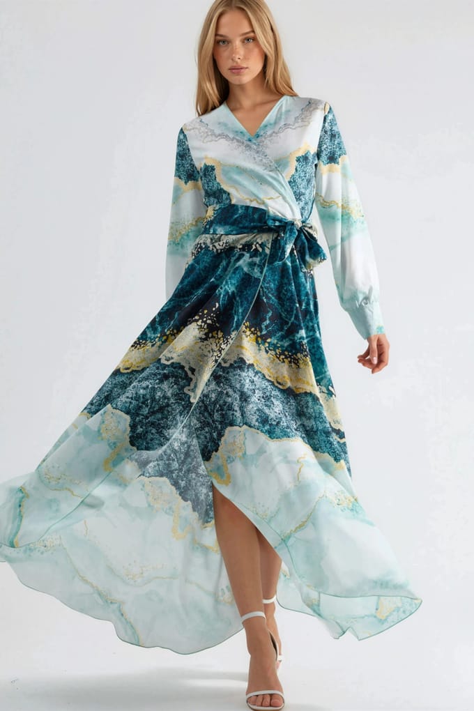 Abstracte Afdruk Lange Mouwen Maxi Jurk met Strikdetail