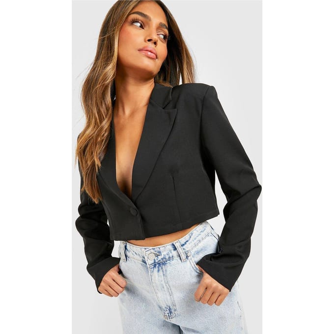 boohoo Dames Basic Woven Relaxed Fit Crop Blazer | Zwart | Maat: 36