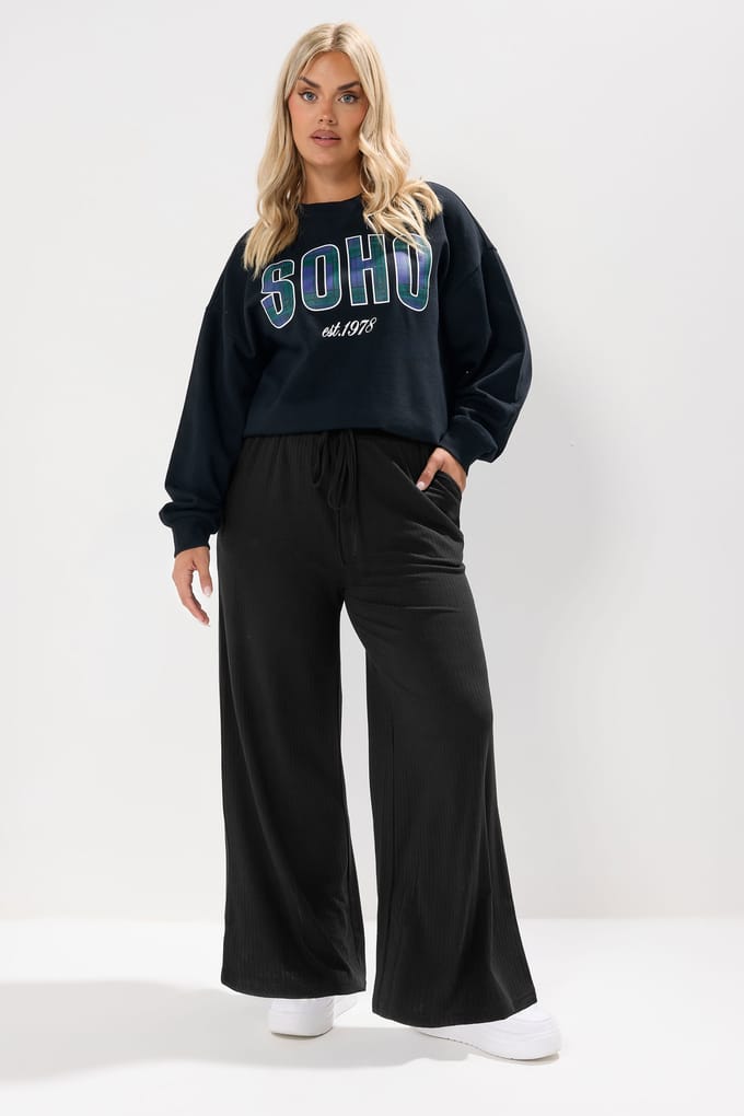 Yours Zwarte Geribbelde Wijde Broek Size 62-64
