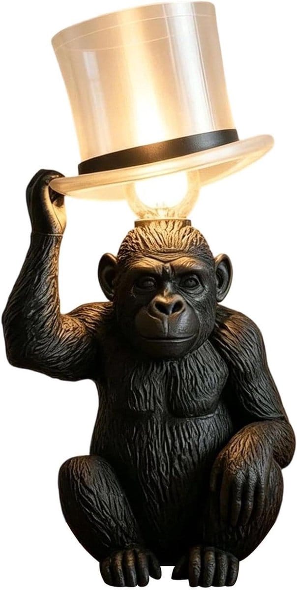 Dierenlamp - Aap decoratie - Sfeerverlichting huis - Decoratief harsbeeld - 30 cm hoog - Bruin