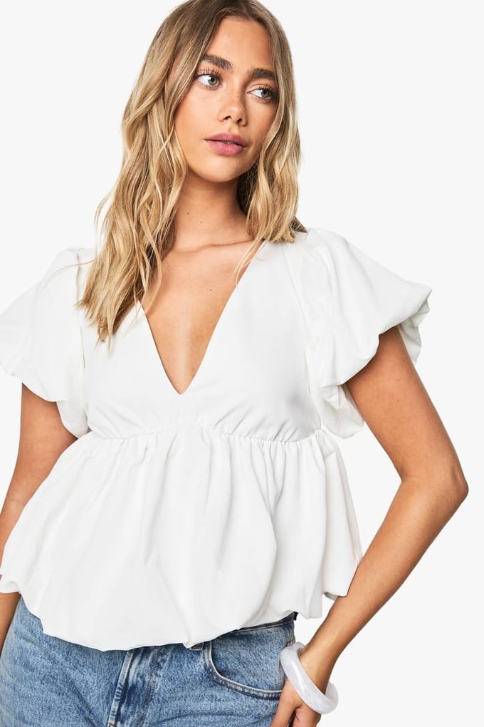 boohoo Dames Poplin Puffball Top | White | Maat: 6