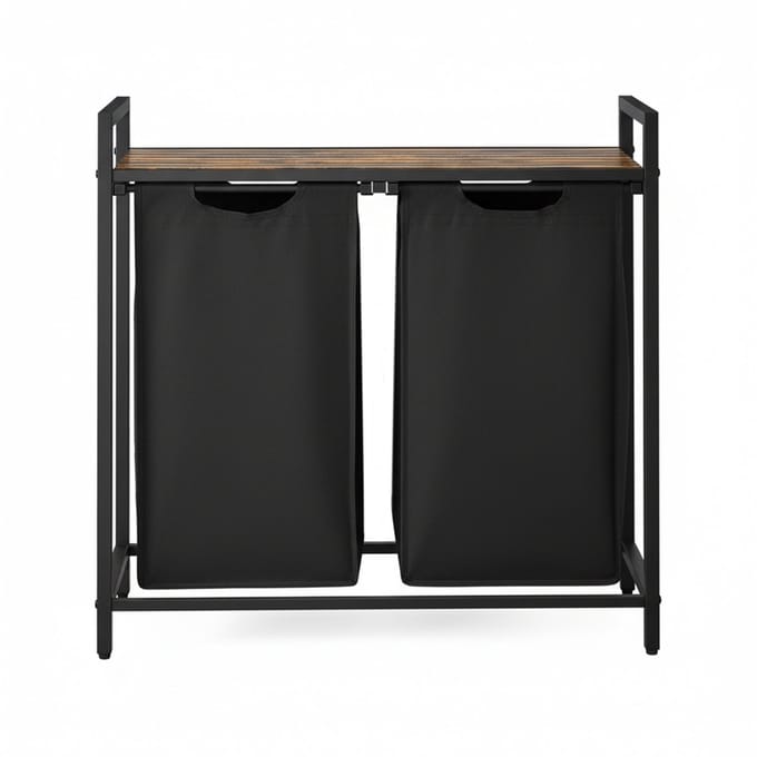 VASAGLE - Wasmand - Wassorteerder - 2 Compartimenten - 2 Uitneembare Tassen - Metalen - Plank - 92L